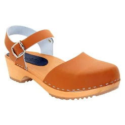 BJORK ALMA Swedish Wood Clog Cognac Leather Sandals