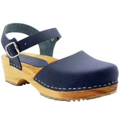 BJORK ALMA Swedish Wood Clog Navy Leather Sandals