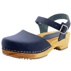 BJORK ALMA Swedish Wood Clog Navy Leather Sandals