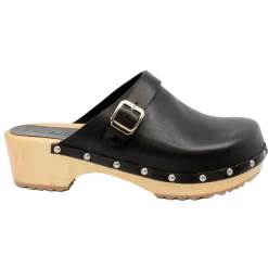 BJORK Anna Wood Full Grain Black Leather Clogs