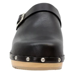 BJORK Anna Wood Full Grain Black Leather Clogs