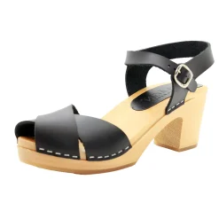 BJORK Duve Mid-heel Leather Peep Toe Wooden Clog Sandals