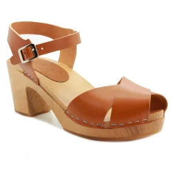 BJORK Duve Mid-heel Leather Peep Toe Wooden Clog Sandals