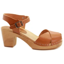 BJORK Duve Mid-heel Leather Peep Toe Wooden Clog Sandals