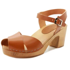 BJORK Duve Mid-heel Leather Peep Toe Wooden Clog Sandals