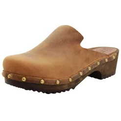 BJORK Elin Wood Open Back Full Grain Oiled Leather Clogs