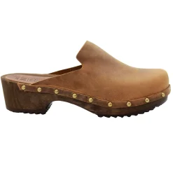 BJORK Elin Wood Open Back Full Grain Oiled Leather Clogs