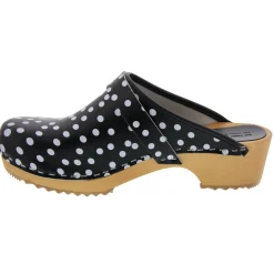 BJORK Emma Wood Open Back Black Polka Dots Leather Clogs - CLOSEOUT