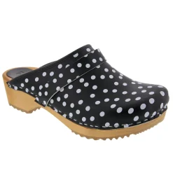 BJORK Emma Wood Open Back Black Polka Dots Leather Clogs - CLOSEOUT