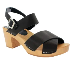 BJORK Erika Black Leather Wooden Clog Sandals