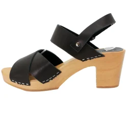 BJORK Erika Black Leather Wooden Clog Sandals