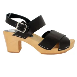 BJORK Erika Black Leather Wooden Clog Sandals