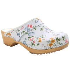 BJORK Linnea Wood Open Back Flower Print Leather Clogs - FACTORY SECOND