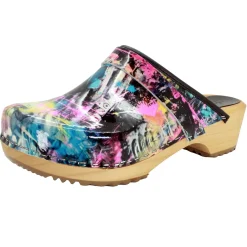 BJORK Maja Wood Graffiti II Leather Clogs