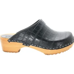 BJORK Maja Wood Open Back Black Croco Print Leather Clogs - CLOSEOUT