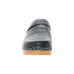 BJORK Maja Wood Open Back Black Croco Print Leather Clogs - CLOSEOUT
