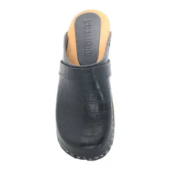 BJORK Maja Wood Open Back Black Croco Print Leather Clogs - CLOSEOUT