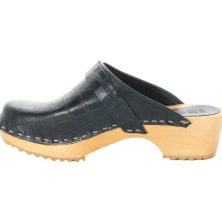 BJORK Maja Wood Open Back Black Croco Print Leather Clogs - CLOSEOUT