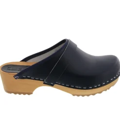 BJORK Maja Wood Open Back Black Leather Clogs