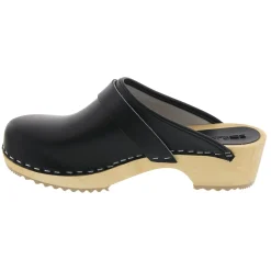 BJORK Maja Wood Open Back Black Leather Clogs