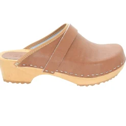 BJORK Maja Wood Open Back Brown Leather Clogs
