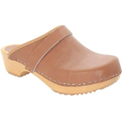 BJORK Maja Wood Open Back Brown Leather Clogs