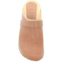 BJORK Maja Wood Open Back Brown Leather Clogs