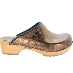 BJORK Maja Wood Open Back Croco Print Leather Clogs - CLOSEOUT