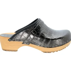 BJORK Maja Wood Open Back Croco Print Leather Clogs - CLOSEOUT