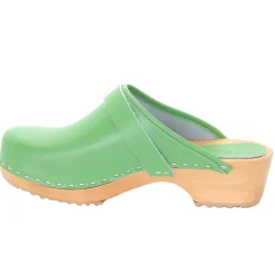 BJORK Maja Wood Open Back Green Leather Clogs - CLOSEOUT