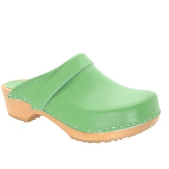 BJORK Maja Wood Open Back Green Leather Clogs - CLOSEOUT