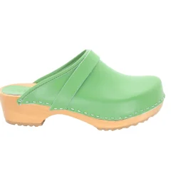 BJORK Maja Wood Open Back Green Leather Clogs - CLOSEOUT