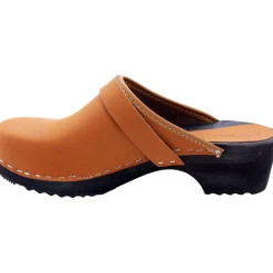 BJORK Maja Wood Open Back Leather Clogs in Cognac