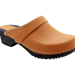 BJORK Maja Wood Open Back Leather Clogs in Cognac
