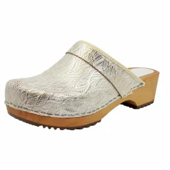 BJORK Maja Wood Open Back Tooled Natural Leather Clogs