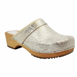BJORK Maja Wood Open Back Tooled Natural Leather Clogs