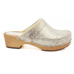 BJORK Maja Wood Open Back Tooled Natural Leather Clogs
