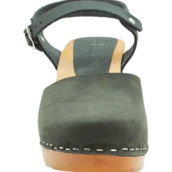 BJORK MARGARETA Swedish Wood Clog Sandals in Forest Green Oiled Leather