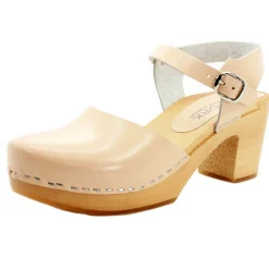 BJORK MARGARETA Swedish Wood Clog Sandals in Ivory Leather - CLOSEOUT