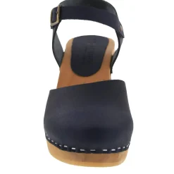 BJORK MARGARETA Swedish Wood Clog Sandals in Navy Oiled Leather