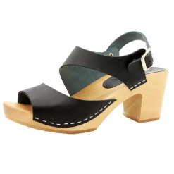 BJORK MARIE Swedish Wood Clog Sandals in Black Leather - CLOSEOUT
