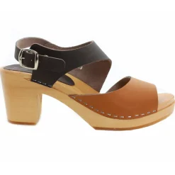 BJORK MARIE Swedish Wood Clog Sandals in Combi-Brown Oiled Leather - CLOSEOUT