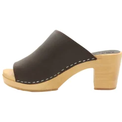 BJORK Thali Mid-heel Leather Peep Toe Wooden Clog Sandals