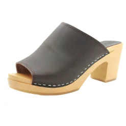 BJORK Thali Mid-heel Leather Peep Toe Wooden Clog Sandals
