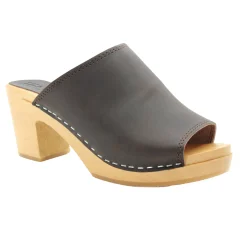 BJORK Thali Mid-heel Leather Peep Toe Wooden Clog Sandals