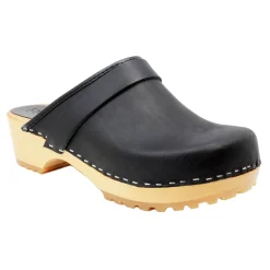 BJORK Tuva Wood Open Back Grip Black Natural Leather Clogs - CLOSEOUT