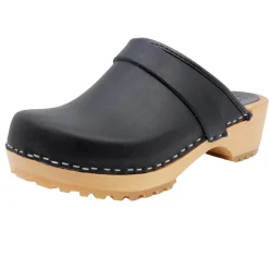 BJORK Tuva Wood Open Back Grip Black Natural Leather Clogs - CLOSEOUT
