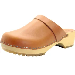 BJORK Tuva Wood Open Back Grip Caramel Veg Tan Leather Clogs - CLOSEOUT
