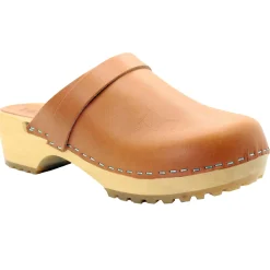 BJORK Tuva Wood Open Back Grip Caramel Veg Tan Leather Clogs - CLOSEOUT