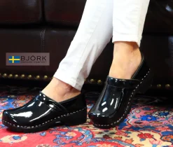 BJORK Women's Swedish Professional Black Patent Leather Clogs